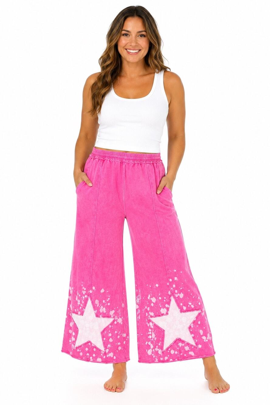 Bibi 1X Pink Mineral Wash Wide Leg Lounge Pants Star Applique Bleach Splatter